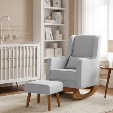 Imagem de Poltrona Amamentação Encosto Alto Com Balanço Naná E Puff Linho - Pallazio Cor Cinza