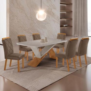 Imagem de Mesa De Jantar Yasmin 180 Tampo Com Vidro 6 Cadeiras Melissa Veludo Capuccino/nat/off/serig. Off