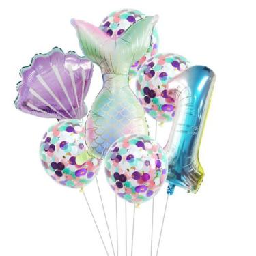 Imagem de Kit de balão Mermaids 7 unidades de Mylar 40 cm para festa de aniversá