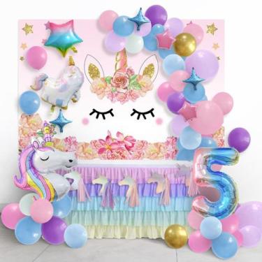 Imagem de Kit de balão para festa de 5 anos de unicórnio, 62 peças de papel alum