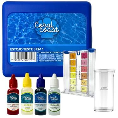 Imagem de Kit Teste Piscina 3 em 1 CORAL COAST pH Cloro e Alcalinidade com Estojo Completo
