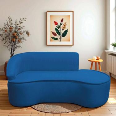 Imagem de Divã Recamier Curvo Sala De Estar Recepção Marrocos 200cm Lado Direito Linho Azul Royal