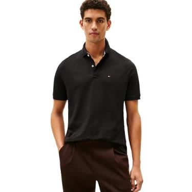 Imagem de Tommy Hilfiger Camisa polo masculina de algodão de manga curta com ajuste clássico, Tommy Black, M