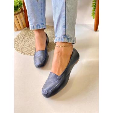 Imagem de Mocassim Feminino Azul Marinho Couro Real Confort Sapatilha Bico Quadr