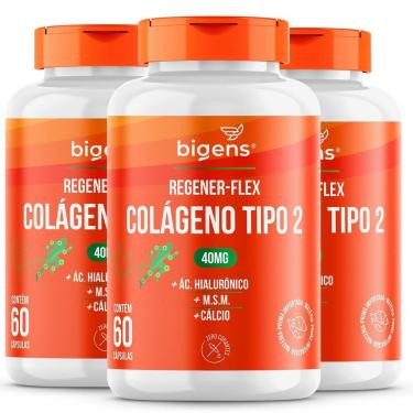 Imagem de Kit 3 Colágeno Tipo 2 Regener Flex 40mg + Ácido Hialurônico M.S.M Cálcio 180 Caps - Big...