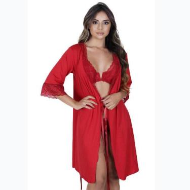 Imagem de Robe Curto Com Renda Vellfer VF-45 Microfibra, P, Rubi