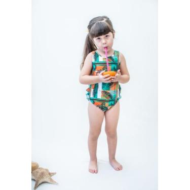 Imagem de Maiô infantil babado no bumbum com proteção uv - estampa xadrez com co