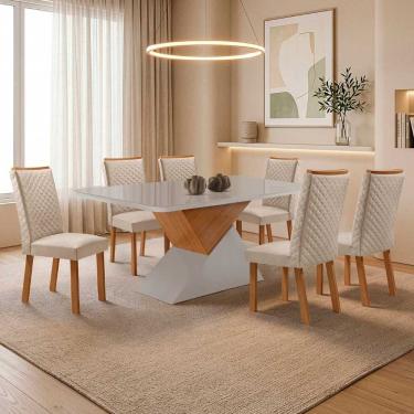 Imagem de Conjunto de Jantar Aster Lira 6 Lugares Tampo MDF com Vidro Serigrafado Cadeiras Veludo Off White 180CM Moderna