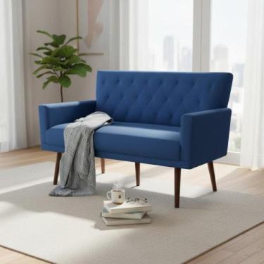 Imagem de Namoradeira Decorativa Aurora Suede Azul Marinho Pés Madeira Mz Decor 
