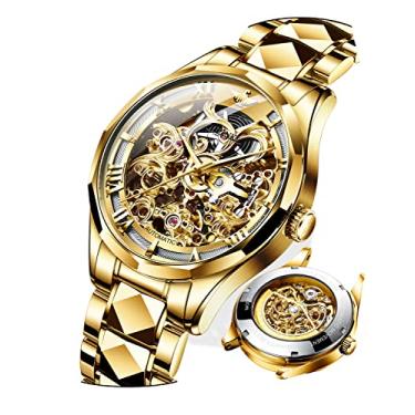 Imagem de OUPINKE Relógio masculino automático – cristal de safira sintético e movimento japonês – autoenrolador à prova d'água mecânicos relógios de pulso presentes para homens, Gold Strap - Gold Dial
