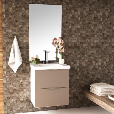 Imagem de Kit Gabinete para Banheiro Pietra 60cm com Lavatório e Espelheira Móveis Bosi - Branco com Gianduia Brilho
