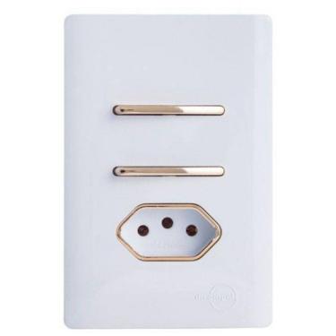 Imagem de Cj Interruptor Duplo Simples + Tomada 10A Com Suporte 4X2 - Dicompel Novara Branco Gold - Dnv1200/23Brgd