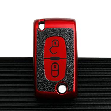 Imagem de CSHU Couro TPU 2 3 botões Car Key Case Cover Chaveiro Ring Key Bag, apto para Peugeot 107 207 307 307S 308 407 607 Citroen C2 C3 C4 C5 C6 C8,2 botão vermelho