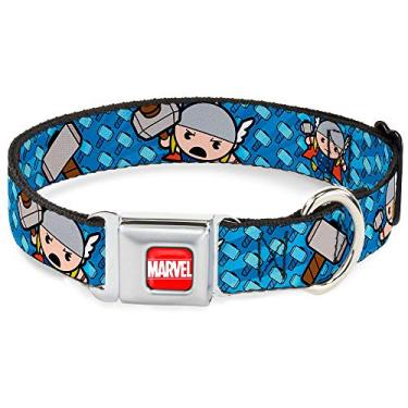 Imagem de Buckle-Down Coleira para cachorro fivela de cinto de segurança Kawaii Thor poses martelo monograma azul, multicolorido, 3,8 cm de largura - serve para pescoço de 45,7 a 81,2 cm - Grande (DC-WTH014-WL)