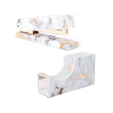 Imagem de Dreamty Conjunto de acessórios de mesa de escritório em mármore dourado acrílico e dispensador de fita para serviço pesado com 1000 peças 24/6 grampos de ouro rosa (ouro mármore)