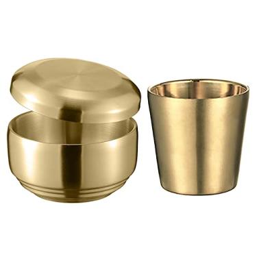 Imagem de UPTALY 1 tigela de cereais com tampa, 1 caneca de café (cor dourada, tipo pequeno A), talheres de aço inoxidável 18/10 engrossados, isolamento térmico de parede dupla, tigela de arroz com pires, caneca de acampamento inquebrável