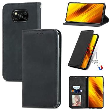 Imagem de Capas de telefone magnéticas com sensação de pele compatíveis com Xiaomi Poco X3 NFC capa de couro com slots de cartão de visita de luxo clipe de carteira à prova de choque (preto, Xiaomi Poco X3 NFC)