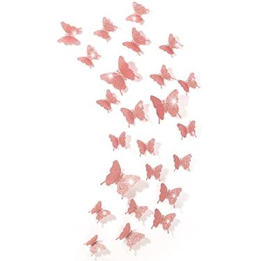 Imagem de BBTO 48 peças decoração de parede borboleta DIY espelho 3D adesivos removíveis para casa, quarto, escola, banheiro, sala de estar (rosa brilhante)