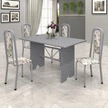 Imagem de Conjunto de Mesa 120x75cm Tampo Granito com 4 Cadeiras Lavínea Soma Móveis Martelado Pérola/Ocre/Arabesco