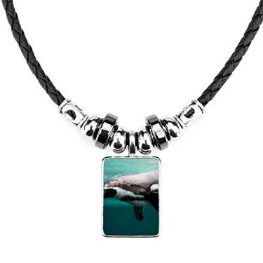 Imagem de DIYthinker Colar com pingente de corda de couro com pingente de pinguim azul profundo oceano