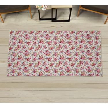 Imagem de Lunarable Tapete decorativo de flor, estampa de flor rosa paixão estilo gasto amor celebração de casamento temática, tapete de qualidade para quarto, dormitório e sala de estar, 5 x 12,7 cm, verde oliva rosa lilás