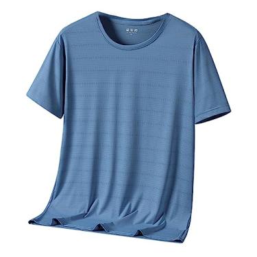 Imagem de Camiseta masculina atlética manga curta secagem rápida elástica lisa camiseta fina para treino, Azul, XXG