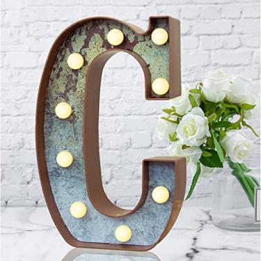Imagem de Letreiro de LED com letras iluminadas estilo vintage industrial letras iluminadas ferrugem efeito metálico letreiro com luzes sinais de letras de iluminação para Natal, casamento, festa de