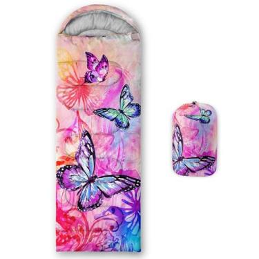 Imagem de QOOMO Linda borboleta azul tie-dye estilo artístico impresso sacos de dormir para acampamento, 3 estações, quentes e frios, sacos de dormir impermeáveis para adultos e crianças, viagens e ao ar livre,