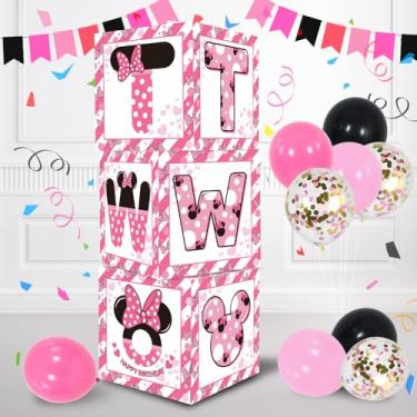 Imagem de TONIFUL Caixa de balão rosa com letras para 2 anos de idade, tema de rato rosa, lembrancinhas de festa de aniversário de dois anos para meninas, decoração de segundo aniversário