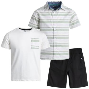 Imagem de DKNY Conjunto de calças para meninos - 3 peças de manga curta com botão, camiseta e shorts - Conjunto de roupas de verão para meninos (2-7), Verde Tyme, 3 Anos