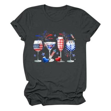 Imagem de Camiseta feminina Independence Day 4 de julho, taças de vinho, estampada, gola redonda, manga curta, Cinza escuro, M