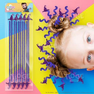 Imagem de Cabelo Maluco Halloween Hastes Flexíveis de Pelúcia Chenille Eva Glitter Chapéu Bruxa Roxo 10 unid