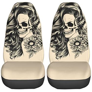 Imagem de FeHuew Conjunto de capas de assento de carro com 2 peças de maquiagem esqueleto menina caveira rosa protetor de assento dianteiro do veículo acessórios interiores de automóveis protetores de tapete de