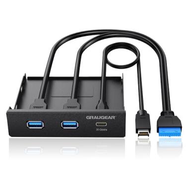 Imagem de GRAUGEAR Hub USB de painel frontal de 3,5 polegadas, hub USB interno com portas USB-C 3.2 geração 2 USB-C e USB 3.0 de 20 Gbps, chave USB3.2 tipo-E, conector de 20 pinos e conector USB 3.0 necessário,