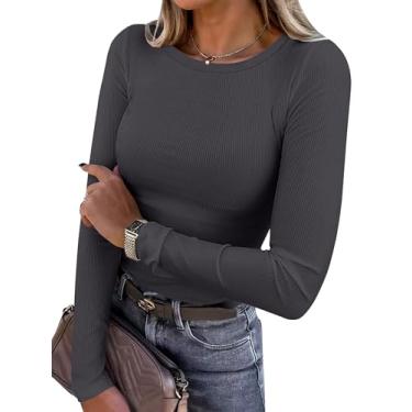 Imagem de ioiohahaun Camiseta feminina de manga comprida elástica gola redonda canelada casual básica, Cinza, M