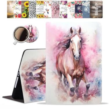 Imagem de Capa para iPad 9,7 polegadas 2018/2017 (iPad 6ª e 5ª geração) Pro 9,7, iPad Air 2, iPad Air Case - Capa leve à prova de choque com conjunto de porta-copos aquarela cavalo