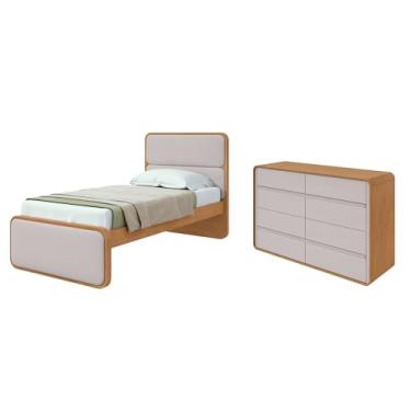 Imagem de Quarto Infantil com Cama Solteiro Loop Tecido Corano e Cômoda 8 Gavetas 152x48x96cm Loop Amêndoa Clean/Off White