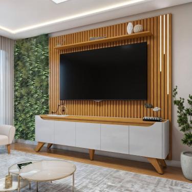 Imagem de Conjunto Rack Grécia 220cm com Painel Ripado com Led para Tv de até 75 Polegadas com Led Paris Off White/Naturalle
