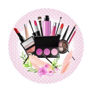 Imagem de Painel de Lona Redondo Maquiagem Flores Aquarela Fundo Poá Rosa - Fabr