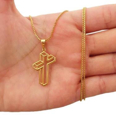Imagem de Colar Cordão Masculino 60 cm Dourado Pingente Cruz Crucifixo 3D Banhad