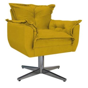 Imagem de Kit 02 Poltronas e Puff Opala Base Giratória de Metal Suede Amarelo - 