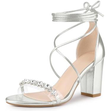 Imagem de Perphy Sandálias femininas de salto grosso com tiras de strass de cristal, Prata, 38