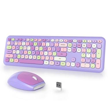 Imagem de iTastatur Combo de teclado e mouse sem fio para máquina de escrever, 2,4 G, escritório, 104 teclas, retrô, punk, tamanho completo, fofo, roxo, com teclas redondas para laptop, PC, desktops (mistura