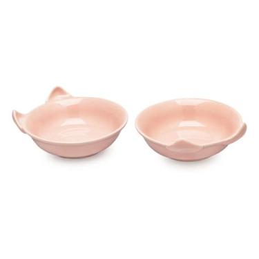 Imagem de 2 Comedouro Para Gato Rosa Porcelana Tigela 320ml Prato Pet - PORCELAN