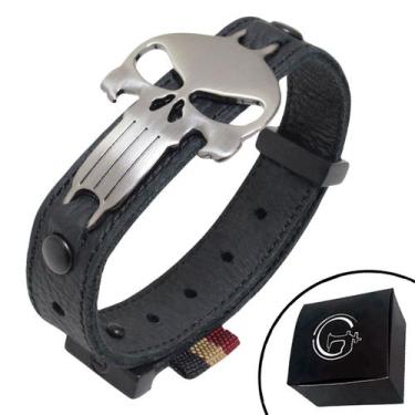 Imagem de Pulseira de Couro Preto SKULL Onix com Fecho STRAP PLUG Ajustável - GR
