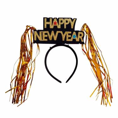 Imagem de Tiara de Reveillon Happy New Year Feliz Ano Novo com Franjinha Metalizada Acessório Comemoração Festa Fim de Ano
