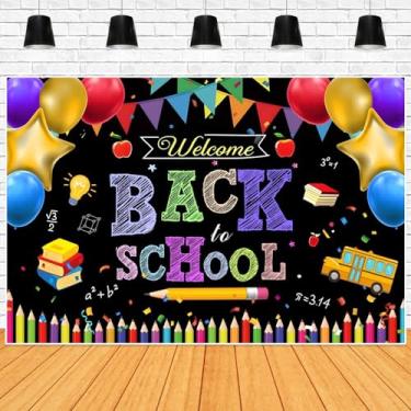 Imagem de ChloropLastid Pano de fundo Welcome Back to School para fotografia, quadro-negro, canetas coloridas, balões, decorações de festa escolar, cenário de fotos para estudantes, 20 x 1,8 m
