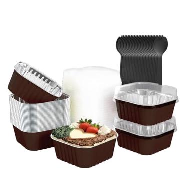 Imagem de Pacote com 25 mini formas de bolo quadradas com tampas, mini formas de pão com tampas, copos de folha de alumínio, copos descartáveis de cupcake, formas de muffin, copos de sobremesa para piqueniques