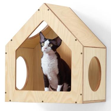 Imagem de FUKUMARU Casa de gato montada na parede, condomínio de madeira compensada de bétula, 38 x 29 cm, móveis multiuso para gatinhos, design elegante, selva de parede de gatos DIY