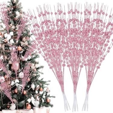 Imagem de Palonu 32 peças de hastes de baga com glitter artificial rosa, 43 cm, palitos decorativos com glitter, enfeites de árvore de Natal para decoração de casa